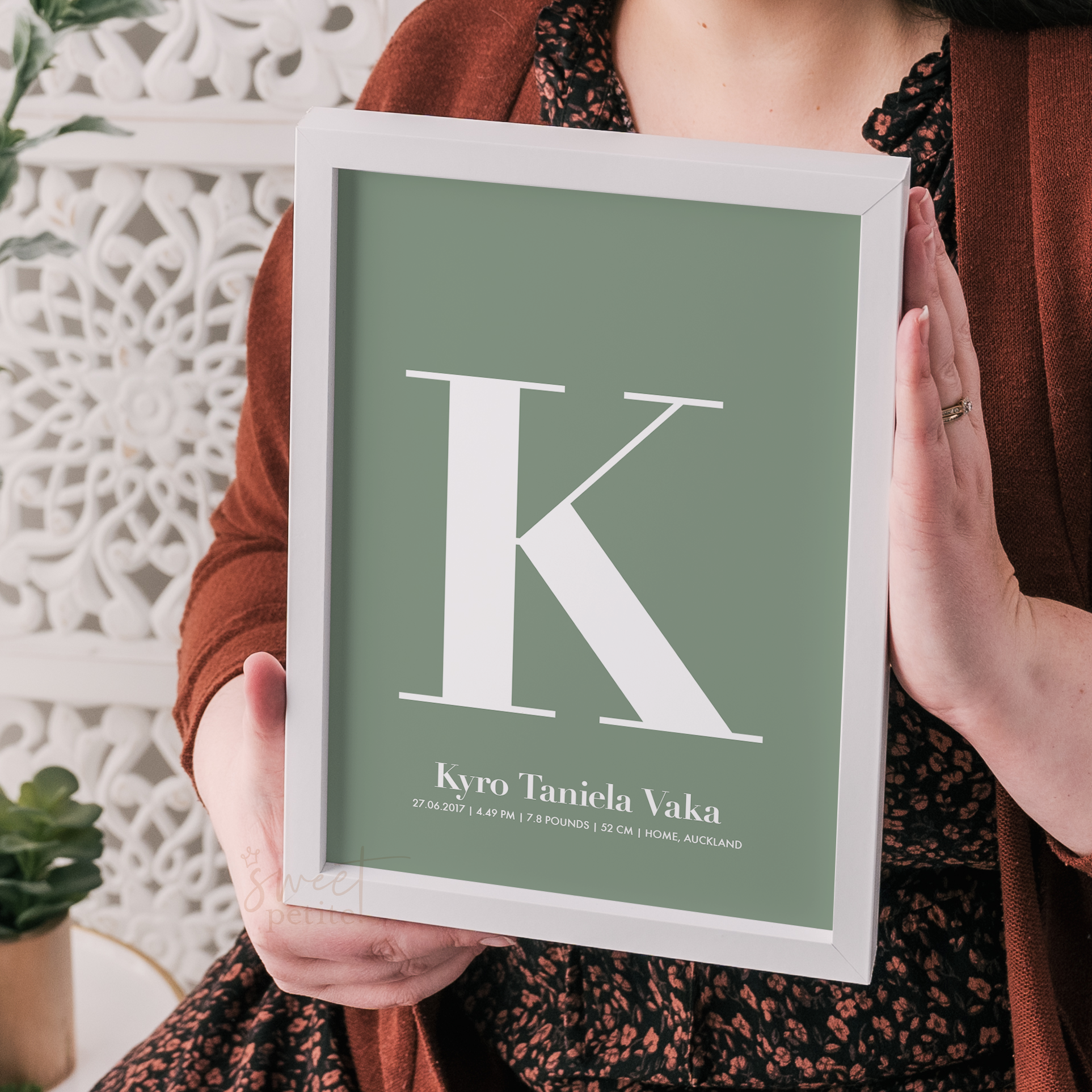 Sweet Petite | Baby birth announcement poster in The Beginning style in Serif option and moss green colour