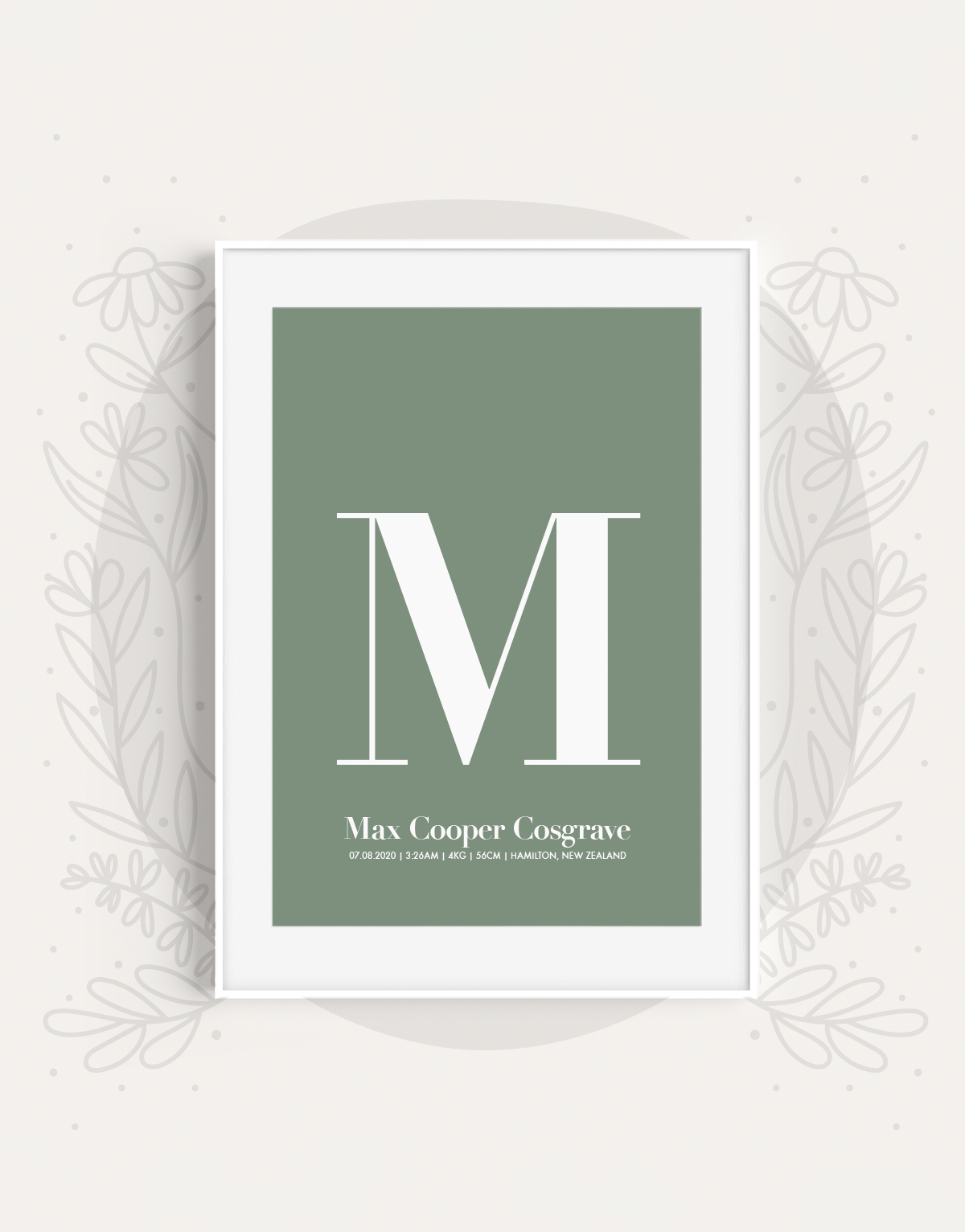 Sweet Petite | Baby birth announcement poster in The Beginning style in Serif option and moss green colour