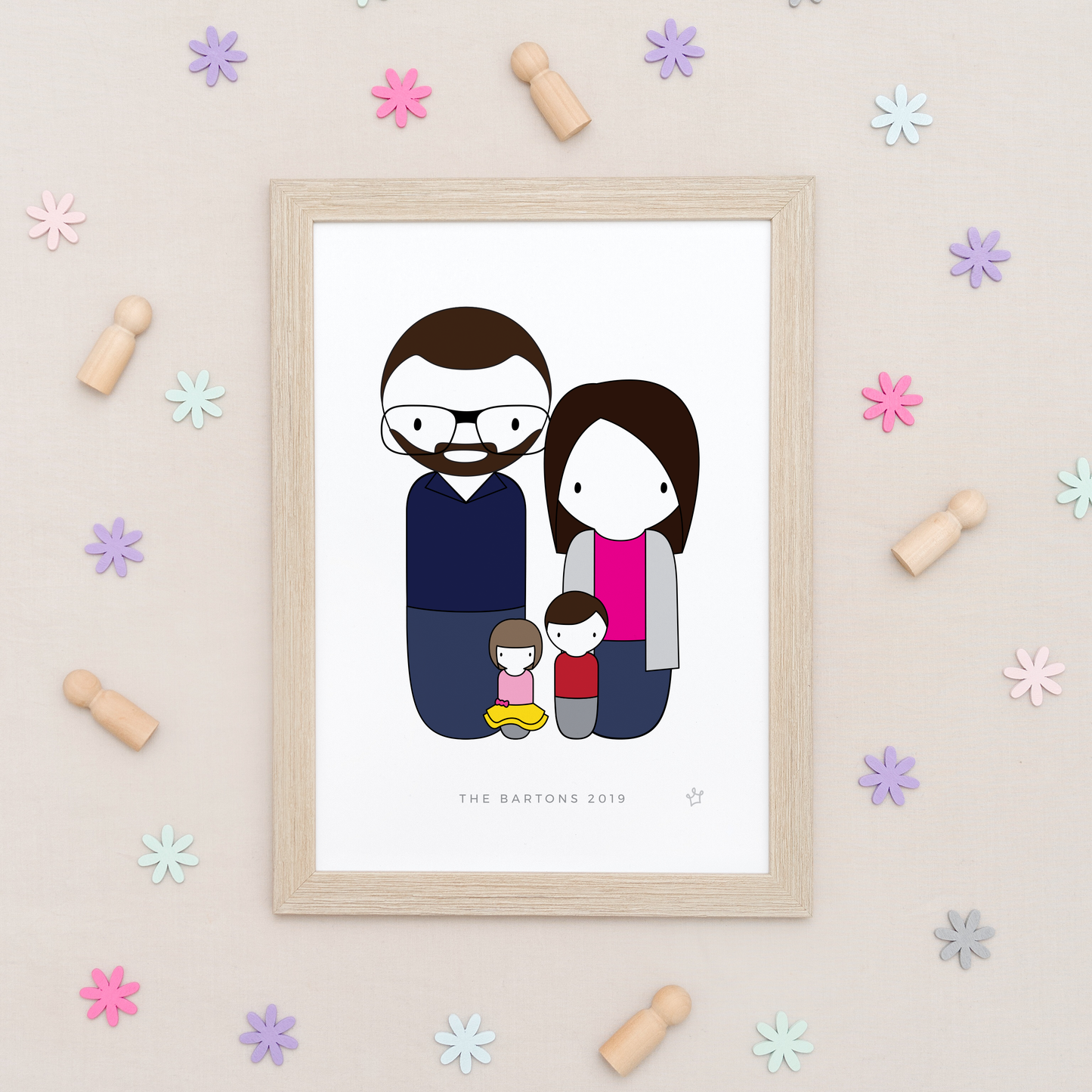 Sweet Petite | Custom Personalised Peg Doll Family Portrait, family print, custom family artwork, peg family print, peg doll art, The Original Peg Prints, Peg Family, Bespoke Minimalist Portrait Print
