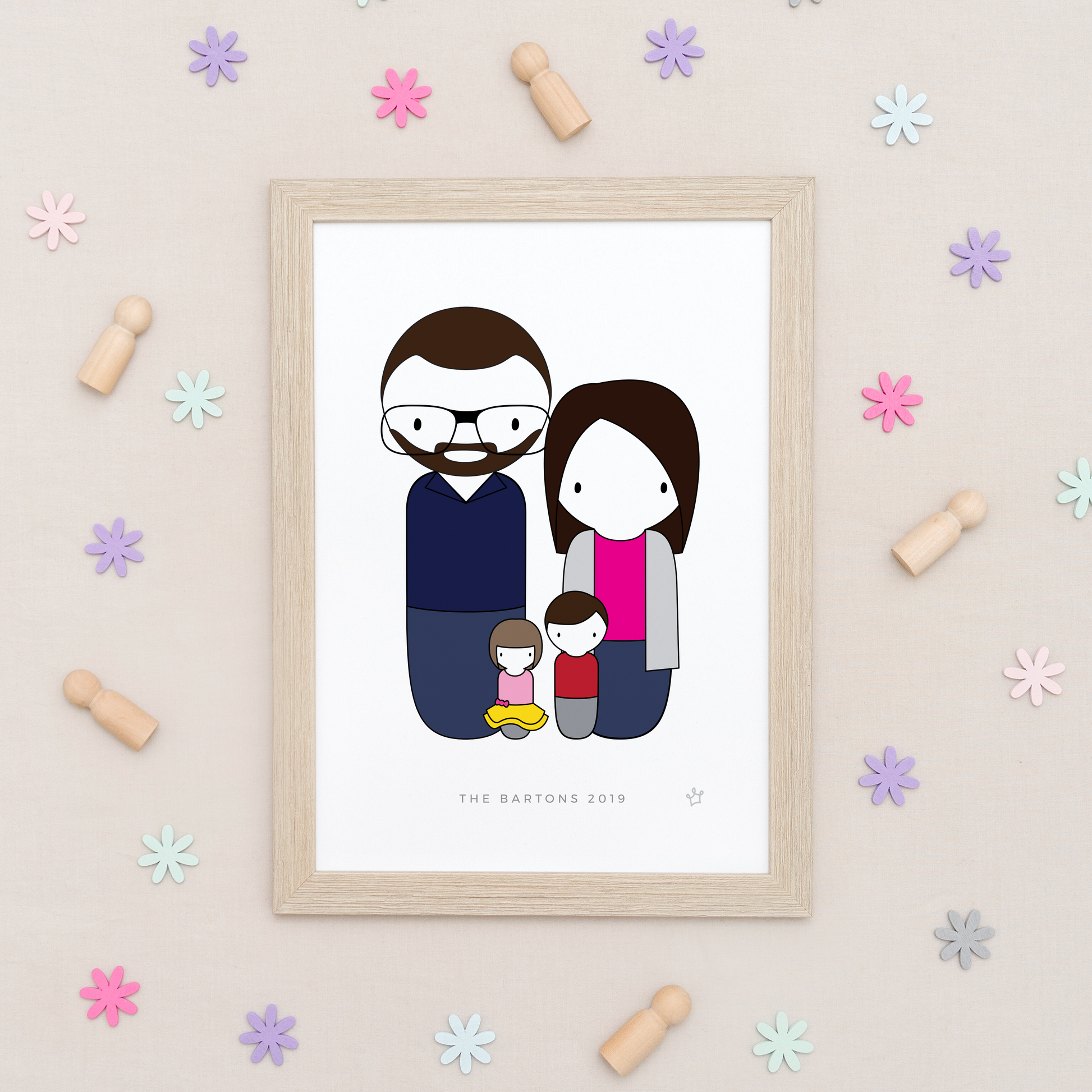 Sweet Petite | Custom Personalised Peg Doll Family Portrait, family print, custom family artwork, peg family print, peg doll art, The Original Peg Prints, Peg Family, Bespoke Minimalist Portrait Print